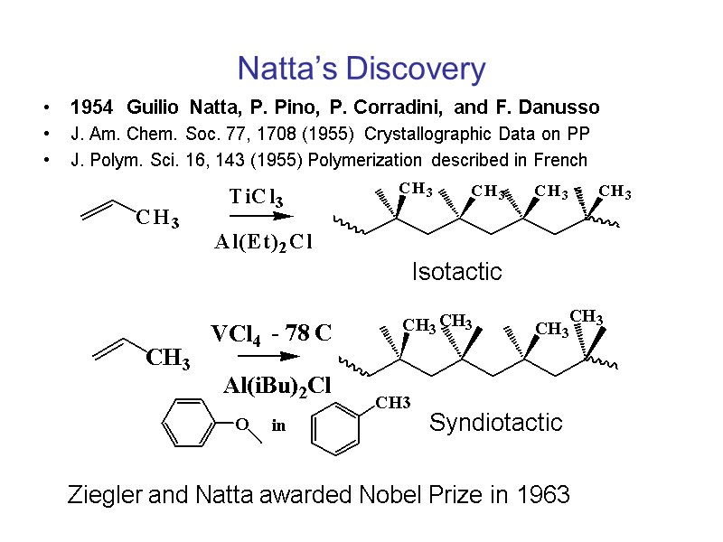 Natta’s Discovery 1954  Guilio Natta, P. Pino, P. Corradini, and F. Danusso J.